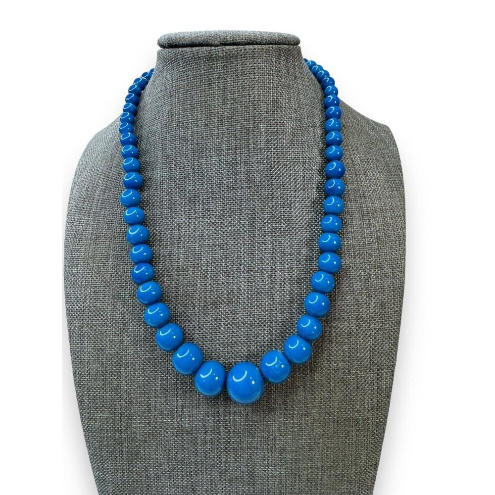 Vintage Round Graduated Blue Glass Bead Necklace Brass Fold Over Clasp 16.5"